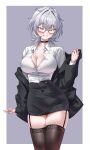  1girl absurdres black_choker black_skirt black_suit black_thighhighs blush breasts choker commentary_request glasses grey_background grin gyechunhoe highres indie_virtual_youtuber kapkan_03 korean_commentary looking_at_viewer medium_breasts open_cleavage open_clothes pencil_skirt red_eyes shirt short_hair skirt smile suit thighhighs two-tone_background virtual_youtuber white_background white_hair white_shirt wolf_cut 