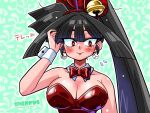  1girl artist_name bell black_hair blush bow bowtie breasts cleavage commentary copyright_name detached_collar earrings green_background hair_bell hair_ornament igami_ichika jewelry jingle_bell large_breasts leotard long_hair looking_at_viewer outline playboy_bunny red_bow red_bowtie red_eyes red_leotard solo strapless strapless_leotard susume!_ashitabara_gakuen untranslatable_commentary upper_body wanta_(futoshi) white_outline white_wrist_cuffs wrist_cuffs 