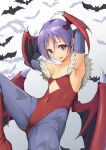  1girl absurdres animal_print bare_shoulders bat_(animal) bat_print bat_wings blue_pantyhose boots breasts bridal_gauntlets clothing_cutout commentary_request darkstalkers demon_girl diamond_cutout flat_chest head_wings highleg highleg_leotard highres leotard lilith_(darkstalkers) looking_at_viewer off-shoulder_leotard pantyhose print_pantyhose purple_hair red_boots red_eyes red_leotard short_hair small_breasts smile solo wings yashin_(yasinz) 