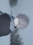  1boy black_jacket blue_scarf cloud cloudy_sky ear_piercing eyes_visible_through_hair grey_hair grey_sky highres jacket original parted_lips piercing pink_eyes portrait puna_822 scarf short_hair sideways sky snowing solo tree winter 