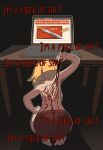  absurdres ass backboob bare_legs barefoot blonde_hair blood breasts centurii-chan centurii-chan_(character) commentary computer dark_room english_commentary english_text from_behind gladius hand_on_own_knee highres holding holding_whip indoors kneeling laptop original profanity self-flagellation shadow short_hair shorts sword table topless_female weapon whip whip_marks 