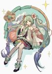  1girl aqua_eyes aqua_hair blue_flower blue_hair braid detached_sleeves dot_nose drop_shadow flower flower-trimmed_dress flower-trimmed_sleeves flower_underskirt full_body gradient_hair green_flower hair_flower hair_ornament hatsune_miku highres long_hair looking_at_viewer magical_mirai_(vocaloid) magical_mirai_miku magical_mirai_miku_(2021) multicolored_hair orange_flower rainbow_order red_flower smile solo sparkle twin_braids twintails very_long_hair vocaloid white_sleeves wide_sleeves yellow_flower zhixi 