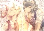 2boys animal_ear_fluff animal_ears antlers beastars cherry_blossoms cherryton_school_uniform closed_eyes closed_mouth commentary commentary_request deer_antlers deer_boy deer_ears flower furry furry_male horns legoshi louis_(beastars) male_focus multiple_boys necktie open_mouth pants petals school_uniform shirt smile striped_clothes striped_pants tf-corporation vertical-striped_clothes vertical-striped_pants white_shirt wolf_boy wolf_ears 