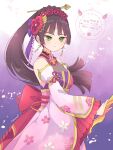  1girl absurdres bare_shoulders black_hair earrings floating_hair flower green_eyes hair_flower hair_ornament hair_stick haru_meguru heaven_burns_red highres japanese_clothes jewelry kimono long_hair natsume_inori natsume_inori_(flower_shadow_dancing_stance) ponytail sleeveless sleeveless_kimono 
