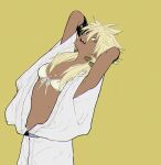  1girl akame_ga_kill! arms_up blonde_hair breasts commentary_request dark-skinned_female dark_skin green_eyes highres horseshoe_hat_ornament horseshoe_ornament long_hair looking_at_viewer mattunoe medium_breasts mez_(akame_ga_kill!) open_mouth simple_background solo yellow_background 