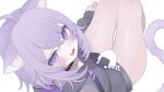  :3 absurdres ahoge animal_ear_fluff animal_ears belt belt_collar black_belt black_hoodie black_shorts cat_ears cat_girl collar crossed_bangs ears_down food from_above fuminshou_(nekopan_art) hair_between_eyes highres hololive hood hood_down hoodie long_sleeves looking_at_viewer medium_hair nekomata_okayu onigiri onigirya_(nekomata_okayu) open_mouth purple_eyes purple_fur purple_hair purple_tail shirt shorts sidelocks simple_background sitting sleeves_past_wrists tongue virtual_youtuber white_shirt 