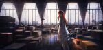  1010kman 1girl amazon_(company) construction_site day dress drone highres long_hair original red_hair reflective_floor scaffolding scenery solo warehouse white_dress window window_shadow 