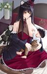  2girls absurdres azur_lane bare_shoulders black_hair blush breastfeeding brown_eyes collarbone detached_sleeves dress highres long_hair mother_and_child mother_and_daughter multiple_girls naganami_(azur_lane) naganami_(long-awaited_warmth)_(azur_lane) one_breast_out parent_and_child red_dress skunk_ears skunk_girl skunk_tail smile very_long_hair zbfmkc 