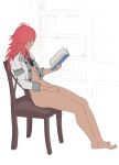  1girl absurdres black_necktie book bookshelf breasts chair commentary english_commentary fire_emblem fire_emblem:_three_houses from_side full_body hand_on_own_thigh hapi_(fire_emblem) highres holding holding_book jacket naked_jacket navel necktie on_chair open_book pomelomelon puffy_sleeves reading red_hair sideboob sitting solo unfinished white_jacket 