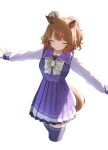  1girl animal_ears aston_machan_(umamusume) bow bowtie brown_hair brown_tail closed_eyes closed_mouth commentary_request crown highres horse_ears horse_girl horse_tail horseshoe_ornament katuko_deluxe long_sleeves mini_crown one_side_up outstretched_arms pleated_skirt purple_sailor_collar purple_shirt purple_skirt purple_thighhighs sailor_collar sailor_shirt school_uniform shirt skirt smile solo spread_arms tail thighhighs tilted_headwear tracen_school_uniform umamusume white_bow white_bowtie zettai_ryouiki 