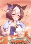  1girl animal_ears blush bow bowl bowtie braid breasts brown_hair chopsticks closed_eyes closed_mouth commentary_request cup ear_bow ear_ribbon food grill heart highres holding holding_bowl horse_ears horse_girl horse_tail meat mokichi3356 multicolored_hair plate puffy_short_sleeves puffy_sleeves purple_bow purple_bowtie purple_shirt sailor_collar sailor_shirt sauce school_uniform shirt short_hair short_sleeves skirt smile special_week_(umamusume) steam tail tail_wagging tracen_school_uniform two-tone_hair umamusume white_hair white_sailor_collar yakiniku 