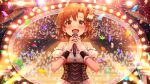  1girl :d card_commentary commentary_request concert confetti corset detached_sleeves earrings game_asset happy_tears heart heart_earrings holding holding_microphone idolmaster idolmaster_million_live! idolmaster_million_live!_theater_days jewelry microphone official_alternate_costume official_art open_mouth orange_hair puffy_detached_sleeves puffy_sleeves shoes smile sneakers solo stage straight-on tears third-party_source upper_body yabuki_kana yellow_eyes 