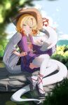  1girl absurdres adapted_costume alternate_costume black_kimono black_sandals blonde_hair blue_sky closed_mouth commentary_request day hair_ribbon hat highres japanese_clothes kimono lens_flare long_hair long_sleeves looking_at_viewer mayou940114 mishaguji moriya_suwako obi obijime outdoors platform_sandals purple_skirt purple_vest ribbon sandals sash sitting skirt sky smile snake solo thighhighs touhou tress_ribbon vest white_snake white_thighhighs wide_sleeves yellow_eyes 