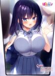  3girls :d absurdres against_glass artist_name bag black_hair blue_bow blue_bowtie blue_eyes blue_skirt blurry blurry_background blush bow bowtie breast_press breasts breasts_on_glass collared_shirt cowboy_shot dengeki_moeoh from_outside hand_up highres large_breasts looking_at_viewer magazine_scan medium_hair miniskirt multiple_girls open_mouth original plaid_bow plaid_bowtie plaid_clothes pleated_skirt sazaki_ichiri scan school_bag school_uniform shirt short_sleeves sidelocks skirt smile solo_focus standing third-party_source train_interior translation_request waving white_shirt 