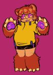 2026 4_claws :3 ambiguous_gender animal_humanoid anthro arm_tuft bear big_claws big_eyes black_bottomwear black_clothing black_shorts bottomwear brown_body brown_fur brown_hair cat_smile charlie_(serafphim) chibi claws clothing coat colored fluffy fluffy_tail front_view full-length_portrait fur fuzzy_ooze glowing glowing_eyes hair hi_res hotpants humanoid hypnotic_eyes leg_tuft liquid_pawpads male_(lore) mammal mammal_humanoid nintendo partially_furred pawpads portrait purple_pawpads purple_tongue raincoat round_ears serafphim shirt short_tail shorts simple_background sketch slightly_chubby slightly_chubby_ambiguous slightly_chubby_anthro solo splatoon sweater tail tan_body tan_skin toe_claws tongue tongue_out topwear tuft turtleneck ursid_humanoid yellow_clothing yellow_shirt yellow_topwear