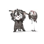  1boy absurdres animal_ears black_hair black_necktie black_pants black_suit blood blood_from_mouth dog_ears dog_tail e.g.o_(project_moon) hammer highres holding holding_hammer kisaaka lobotomy_corporation mask multicolored_hair necktie pants project_moon schna_jang simple_background smile_(e.g.o) solo streaked_hair suit tail white_background white_streaks 