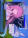  1girl ;) amphoreus_(honkai:_star_rail) commentary cursor cyrene_(demiurge)_(honkai:_star_rail) cyrene_(honkai:_star_rail) diamond-shaped_pupils diamond_(shape) dress error_message finger_to_mouth halo highres honkai:_star_rail honkai_(series) kare_u_don long_hair microsoft_windows mobius_strip one_eye_closed pink_hair purple_eyes quill shushing smile solo symbol-shaped_pupils very_long_hair white_dress 