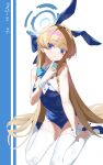  1girl :/ animal_ear_hairband animal_ears bare_shoulders blonde_hair blue_archive blue_background blue_eyes blue_hairband blue_halo blue_leotard blue_ribbon blue_shoes breasts chinese_commentary closed_mouth commentary_request fake_animal_ears full_body hairband halo hand_up highres large_breasts legs leotard long_hair looking_at_viewer neck_ribbon official_alternate_costume playboy_bunny rabbit_ears ribbon shoes sitting sleeveless solo strapless strapless_leotard thighhighs thighs toki_(blue_archive) toki_(bunny)_(blue_archive) wariza white_background white_thighhighs white_wrist_cuffs wrist_cuffs zhileng_zhil 