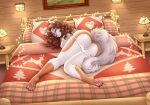 4_toes anthro areola bed bedroom big_breasts black_nose blush breasts brown_eyebrows brown_hair butt canid canine canis claws clothed clothing colored digital_drawing_(artwork) digital_media_(artwork) eyebrows feet female full-length_portrait fur furniture garland genitals grey_body grey_fur hair half-closed_eyes long_hair looking_at_viewer lying mammal markings narrowed_eyes nipples on_bed on_side orange_markings panties panties_down panties_only partially_clothed pawpads paws pillow pink_areola pink_nipples pink_pawpads portrait rear_view shaded smile snout solo sugarrrpeach tail toes topless underwear underwear_down underwear_only vulva white_body white_clothing white_fur white_panties white_underwear wolf