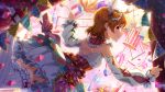  1girl ahoge breasts card_commentary circus closed_mouth commentary_request feather_hair_ornament feathers frilled_thigh_strap from_behind game_asset hair_ornament heart heart_hair_ornament high_heels idolmaster idolmaster_million_live! idolmaster_million_live!_theater_days leg_up long_hair looking_back official_alternate_costume official_art orange_eyes orange_hair profile red_shoes shoes short_hair smile solo striped_clothes striped_thighhighs thigh_strap thighhighs third-party_source vertical-striped_clothes vertical-striped_thighhighs white_thighhighs yabuki_kana 