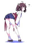  1girl ? ahoge back_bow bent_over blue_skirt blunt_bangs blush bow bright_pupils brown_hair commentary_request dot_nose from_behind half-closed_eyes hands_on_own_knees headgear highres japanese_clothes kimono kneepits knife_hair_ornament long_sleeves looking_at_viewer miniskirt obi parted_lips pleated_skirt raised_eyebrows red_bow red_eyes sandals sash short_hair short_kimono sidelocks simple_background skirt socks solo standing touhoku_kiritan turning_head voiceroid white_background white_kimono white_pupils white_socks wide_sleeves yaki_apple 