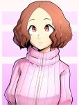  1girl brown_hair commentary fluffy_hair highres looking_up okumura_haru optaku persona persona_5 pink_background pink_sweater ribbed_sweater solo sweater turtleneck turtleneck_sweater 