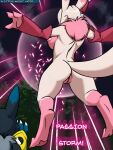  absamon anthro areola big_breasts black_body blue_body breasts clapping clothing detailed_background digimon digimon_(species) duo english_text female floating fur furball_(artist) genitals gloves gloves_only handwear handwear_only low-angle_view mostly_nude multicolored_body neck_tuft night nipples outside pink_body plant pussy rear_view renamon text tree tuft vulpamon white_body white_fur 