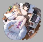  2girls absurdres anal_tail animal animal_ears ass_mousepad bangs bare_shoulders black_footwear black_hair black_legwear blonde_hair blush brown_eyes camisole cat chinese_commentary commentary_request computer cushion dildo fake_tail feet flat_chest foot_hold full_body gag hair_between_eyes highres holding holding_hands laptop legs_up legwear_removed loafers long_hair looking_at_viewer looking_back lying lying_on_person mouse_(computer) mousepad_(object) moyamoya_(moya11158375) multiple_girls nintendo_switch no_shoes on_back on_stomach open_mouth original panties panties_under_pantyhose pantyhose pillow sex_toy shoes shoes_removed soles strap_slip table tail toes underwear vibrator white_legwear white_panties wooden_floor yellow_eyes 