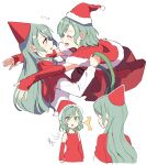  2girls :d akni bang_dream! bangs blue_hair blush braid cape christmas closed_mouth commentary_request dress elbow_gloves face-to-face fingerless_gloves from_behind from_side gloves green_eyes hair_between_eyes hat hikawa_hina hikawa_sayo holding hug long_hair long_sleeves looking_at_another multiple_girls open_mouth red_cape red_dress red_gloves red_headwear red_shirt shirt short_hair side_braid simple_background sleeveless sleeveless_dress smile sweat upper_body white_background white_shirt 