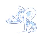 0olqplo0 alien ambiguous_gender big_ears biped bipedal_feral blush blush_lines cake car-mouth_cake chinchillid clothed clothing dessert digital_drawing_(artwork) digital_media_(artwork) elfilin excited fast_food_uniform feral fluffy fluffy_tail food fur furniture kirby_(series) kirby_and_the_forgotten_land looking_at_food looking_at_object male_(lore) mammal monochrome mouthless nintendo notched_ear rodent semi-anthro simple_background solo sparkles starling_(kirby) table tail tail_motion tailwag three-quarter_view white_background