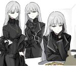 1girl angelica_(project_moon) black_gauntlets black_gloves black_jacket black_pants black_sweater blue_eyes closed_mouth gloves highres jacket jeon lapels library_of_ruina long_hair looking_at_viewer multiple_views open_mouth pants project_moon rai_(r2718281) ribbed_sweater silver_trim smile sweater turtleneck turtleneck_sweater very_long_hair white_hair 