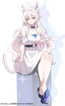  1girl absurdres akira_(blue_archive) alternate_costume alternate_hairstyle animal_ear_fluff animal_ears bare_shoulders black_shoes blue_archive blue_bow blue_bowtie blush bow bowtie breasts card cat_ears cat_girl cat_tail cleavage closed_mouth commentary_request detached_collar detached_sleeves doodle_sensei_(blue_archive) dress halo high_heels highres holding holding_card korean_commentary kurochomo long_hair looking_at_viewer one_side_up pink_hair pink_halo red_eyes sensei_(blue_archive) shoe_dangle shoes smile solo tail very_long_hair white_dress 
