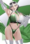  1girl absurdres armpits bandeau boots breasts cleavage detached_collar earrings elbow_gloves eyewear_on_head gloves gradient_hair green_bandeau green_necktie green_panties green_shorts grey_hair highleg highleg_panties highres holding holding_umbrella jewelry keto_prague large_breasts mole mole_on_breast mole_on_thigh mole_under_mouth multicolored_hair navel necktie open_mouth original panties race_queen shiny_clothes short_hair shorts sunglasses thigh_boots two-tone_bandeau two-tone_shorts umbrella underwear unzipped white_bandeau white_gloves white_hair white_shorts zipper zipper_pull_tab 