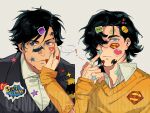  ! ... 2boys absolute_batman absolute_dc absolute_superman absurdres alternate_costume animification bandaid bandaid_on_finger bandaid_on_hand black_hair blue_eyes bruce_wayne_(absolute_dc) character_sticker chinese_commentary clark_kent closed_mouth collared_shirt commentary_request commission dc_comics frown hair_over_one_eye hand_on_another's_cheek hand_on_another's_face hand_on_own_cheek hand_on_own_face heart heart_sticker highres long_sleeves looking_at_viewer male_focus multiple_boys shirt short_hair simple_background sleeves_past_wrists spoken_ellipsis star_(symbol) star_sticker sticker sticker_on_clothes sticker_on_face sticker_on_hair sticker_on_hand sweater upper_body white_background white_shirt wing_collar yellow_sweater yyrt_5210 