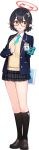  1girl :o arm_behind_back armband ayane_(blue_archive) black_hair black_skirt black_socks blue_archive blue_jacket blue_necktie braid brown_shoes buttons clenched_hand collared_shirt crown_braid flower full_body game_asset glasses hair_flower hair_ornament halo hand_on_own_chest hand_up headset highres holding holding_tablet_pc hwansang id_card jacket kneehighs large_variant_set layered_sleeves legs legs_together looking_to_the_side miniskirt necktie official_art open_clothes open_jacket open_mouth plaid_clothes plaid_skirt pleated_skirt pocket pointy_ears red-framed_eyewear red_halo safety_pin school_uniform shirt shoes sidelocks sideways_glance simple_background single_braid skirt socks solo standing surprised sweater tablet_pc tachi-e thighs third-party_source transparent_background variant_set white_shirt wide-eyed yellow_eyes yellow_sweater 
