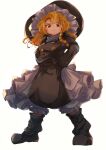  1girl :< absurdres black_boots black_coat black_gloves blonde_hair bloomers blush_stickers boots bow braid brown_eyes buttons coat commentary_request forbidden_scrollery frills from_below frown full_body gloves hair_bow hands_on_own_hips hat highres kirisame_marisa koxapfi4jyljb0d long_hair looking_at_viewer looking_down official_alternate_costume petticoat purple_bow shirt simple_background single_braid socks solo split_mouth square_neckline standing touhou white_background white_bloomers white_shirt white_socks winter_clothes witch_hat 