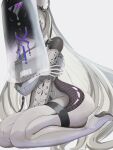  1girl absurdly_long_hair absurdres bare_shoulders between_legs black_necktie black_skin bodysuit boots breasts closed_mouth colored_skin commentary cross-laced_clothes cross-laced_sleeves dark-skinned_female dark_skin detached_sleeves elbow_gloves enikk_(nikke) gloves goddess_of_victory:_nikke hair_between_eyes hand_between_own_legs hand_on_own_arm hat high_heels highres large_breasts long_hair long_sleeves looking_at_viewer mejiro_karasu necktie sitting solo thigh_boots two_side_up variant_set veil very_long_hair wariza white_background white_bodysuit white_gloves white_hair yellow_eyes 