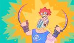  2boys aged_down chibi commentary eustass_kid goggles goggles_on_head hockey_mask holding holding_weapon killer_(one_piece) mask multiple_boys one_piece pikaole red_hair spiked_hair weapon 