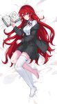  1girl book breasts collared_shirt dakimakura_(medium) danganronpa/zero danganronpa_(series) highres hy_(fjvlg) jacket large_breasts long_hair matsuda_yasuke neck_ribbon necktie no_shoes open_book open_mouth otonashi_ryouko red_eyes red_hair red_ribbon ribbon school_uniform shirt skirt smile thighhighs white_shirt white_thighhighs 