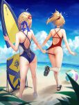  2girls ahoge anger_vein artoria_pendragon_(all) ass back ball bare_shoulders beach beachball blonde_hair blue_swimsuit braid broken commentary day fate/apocrypha fate/grand_order fate/stay_night fate_(series) flying_sweatdrops full_body hair_bun halterneck highleg highleg_swimsuit highres mordred_(fate) mordred_(fate)_(all) multiple_girls one-piece_swimsuit outdoors ponytail red_swimsuit saber sandals sky sleeveless standing surfboard swimsuit tonee water 