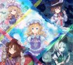  5girls :d absurdres adapted_costume background_request black_cloak black_hairband black_hat black_ribbon blue_eyes blush bow brown_eyes brown_hair cloak closed_mouth clothes_writing collared_shirt dress flower frilled_skirt frills gloves green_eyes green_vest hair_bow hairband hat hat_bow hat_ribbon highres holding holding_flower holding_sword holding_weapon juliet_sleeves konpaku_youmu lily_pad long_hair long_sleeves lotus maribel_hearn medium_hair mob_cap multiple_girls multiple_hair_bows neck_ribbon one_eye_closed open_mouth plaid_clothes plaid_vest puffy_short_sleeves puffy_sleeves purple_eyes purple_skirt purple_tabard purple_vest quimbaya_airplane red-framed_eyewear red_bow red_ribbon ribbon runes shirt short_sleeves skirt sleeve_garter smile star_(sky) star_pin sword tabard touhou touhou_15th_popularity_poll usami_renko usami_sumireko uwazumi vest w weapon white_bow white_dress white_gloves white_hair white_hat white_shirt yakumo_yukari 