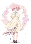  1girl blue_eyes blue_ribbon cherry_blossoms closed_mouth dress eyebrows_visible_through_hair flower hair_between_eyes highres holding holding_flower looking_at_viewer mochigome_(ununquadium) original pink_hair ribbon shoes short_hair side_ponytail smile socks solo standing 