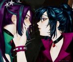  2girls alternate_skin_color annoyed aria_blaze aria_blaze_(human) bare_arms bare_shoulders black_background black_choker blue_eyeshadow blue_hair blue_streaks bracelet brown_jacket cadence_sniffa cheek_pinching choker closed_mouth collared_jacket equestria_girls:_rainbow_rocks expressionless eye_contact eyes_visible_through_hair eyeshadow face-to-face from_side gem green_jacket hair_between_eyes hair_ornament hair_tie hand_on_another's_cheek hand_on_another's_face hand_up high_ponytail highres jacket jewelry long_hair looking_at_another makeup multicolored_hair multiple_girls my_little_pony my_little_pony:_equestria_girls my_little_pony:_friendship_is_magic nail_polish pale_skin parted_lips pendant_choker photo_background pinching ponytail portrait profile purple_eyes purple_eyeshadow purple_hair purple_nails raised_eyebrows red_eyes red_gem sidelocks sideways_mouth skirt sleeveless sleeveless_jacket sonata_dusk sonata_dusk_(human) spiked_bracelet spikes star_(symbol) star_hair_ornament streaked_hair torn_clothes torn_jacket twintails twitter_username two-tone_hair v-shaped_eyebrows 