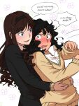  !? 2girls absurdres amagami black_eyes black_hair black_hairband black_jacket black_suit blue_eyes blush brown_hair commentary_request cosmokyrin curly_hair english_text fanfiction_available floral_background good_morning hairband hand_on_another's_stomach high_collar highres hug hug_from_behind jacket layered_sleeves long_hair long_sleeves looking_at_another looking_to_the_side medium_hair morishima_haruka multiple_girls nose_blush open_mouth shirt smile speech_bubble suit surprise_hug surprised sweater talking tanamachi_kaoru upper_body white_background white_shirt wide-eyed yellow_sweater 