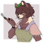 anthro anthrofied brown_body brown_fur canid canine clothing eyewear female fur glasses green_clothing green_shirt green_topwear hi_res holding_object holding_smoking_pipe leaf leaf_on_head mamizou_futatsuiwa mammal min.k raccoon_dog red_eyes shirt simple_background smoking_pipe solo tanuki tanuki_leaf topwear touhou wearing_glasses