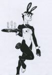 adeptus-monitus anthro beverage black_and_white bow_tie breasts clothing costume equid equine fake_ears fake_rabbit_ears female hooves horse mammal monochrome pony reverse_bunny_costume simple_background solo tail traditional_media_(artwork) unguligrade walking
