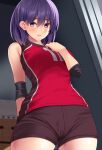  1girl bangs bare_shoulders blush breasts brown_shorts closed_mouth elbow_sleeve eyebrows_visible_through_hair from_below hair_between_eyes hand_on_own_chest huyumitsu looking_at_viewer looking_down medium_breasts original purple_eyes purple_hair red_shirt shirt short_hair shorts solo 