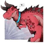 blush claws collar devil_dinosaur dinosaur eyes_closed feral fluffylilllama heart_symbol hi_res horn male marvel marvel_rivals prehistoric_species red_body red_scales reptile scales scalie sharp_teeth smile solo teeth