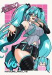  1girl ^_^ aqua_belt aqua_eyes aqua_hair aqua_necktie aqua_trim armpits bare_shoulders belt black_skirt black_sleeves blush blush_stickers border breasts character_name chibi chibi_inset closed_eyes collar cowboy_shot detached_sleeves dxrkmonarch grid_background hair_between_eyes hair_ornament hatsune_miku hatsune_miku_(vocaloid6) heart heart_hair_ornament highres holding holding_microphone large_breasts long_hair microphone miniskirt navel necktie one_eye_closed open_mouth piano_print pleated_skirt shirt simple_background skirt smile striped_clothes striped_shirt taut_clothes taut_shirt teeth tie_clip twintails vertical-striped_clothes vertical-striped_shirt very_long_hair vocaloid white_border white_collar wide_sleeves wing_collar wireless_microphone zettai_ryouiki 