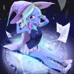  1girl :t ;t aqua_gem arched_back bare_arms bare_legs bare_shoulders black_background blue_shirt blue_skin blue_streaks blush cape closed_mouth collared_cape colored_skin commentary english_commentary flat_chest from_above gem gloves glowing grey_gloves grey_shoes grey_skirt hands_up hat index_fingers_raised large_hat light_particles long_hair looking_at_viewer miniskirt multicolored_hair my_little_pony my_little_pony:_friendship_is_magic one_eye_closed outstretched_legs paper personification pleated_skirt purple_cape purple_eyes purple_hat quizia ritual shirt shoes sideways_glance simple_background sitting skinny skirt sleeveless sleeveless_shirt solo sparkle star_(symbol) star_print straight_hair streaked_hair tareme trixie_lulamoon two-tone_hair v-neck v-shaped_eyebrows white_hair wizard_hat 